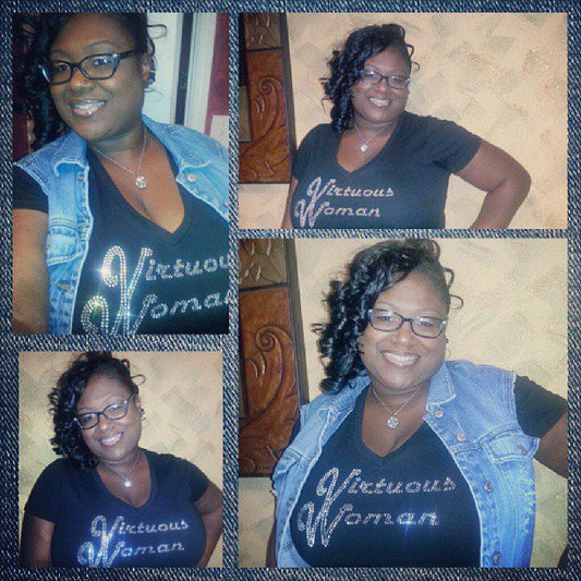 image of Kimise Lee wearing the Black World Famous Logo Virtuous Woman ® t shirt by a.fitzgerald hardnett